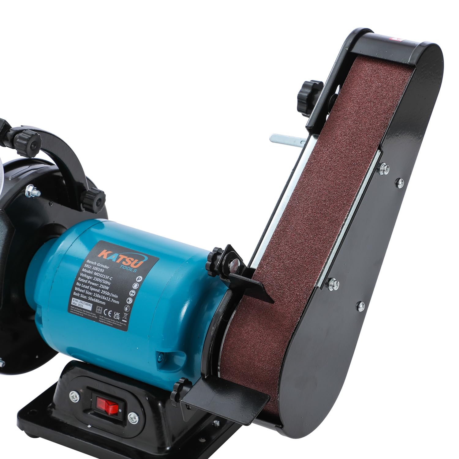 KATSU Tools Smerigliatrice da banco e levigatrice a nastro 250W 2 in 1, mola da 150 mm, nastro abrasivo 50 x 686 mm, per levigatura, lucidatura e affilatura di legno e metallo