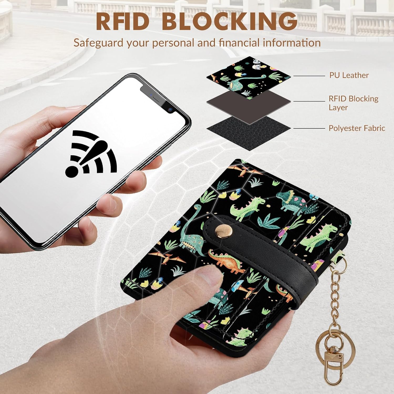 Women Wallet, RFID Blocking Bifold PU Leather Wallet, Small Slim Compact Purse with Clear ID Window & Zipper Coin Pocket, Credit Card Holder for Ladies,1 ID window 8 Card Slots,Dinosaur image 5