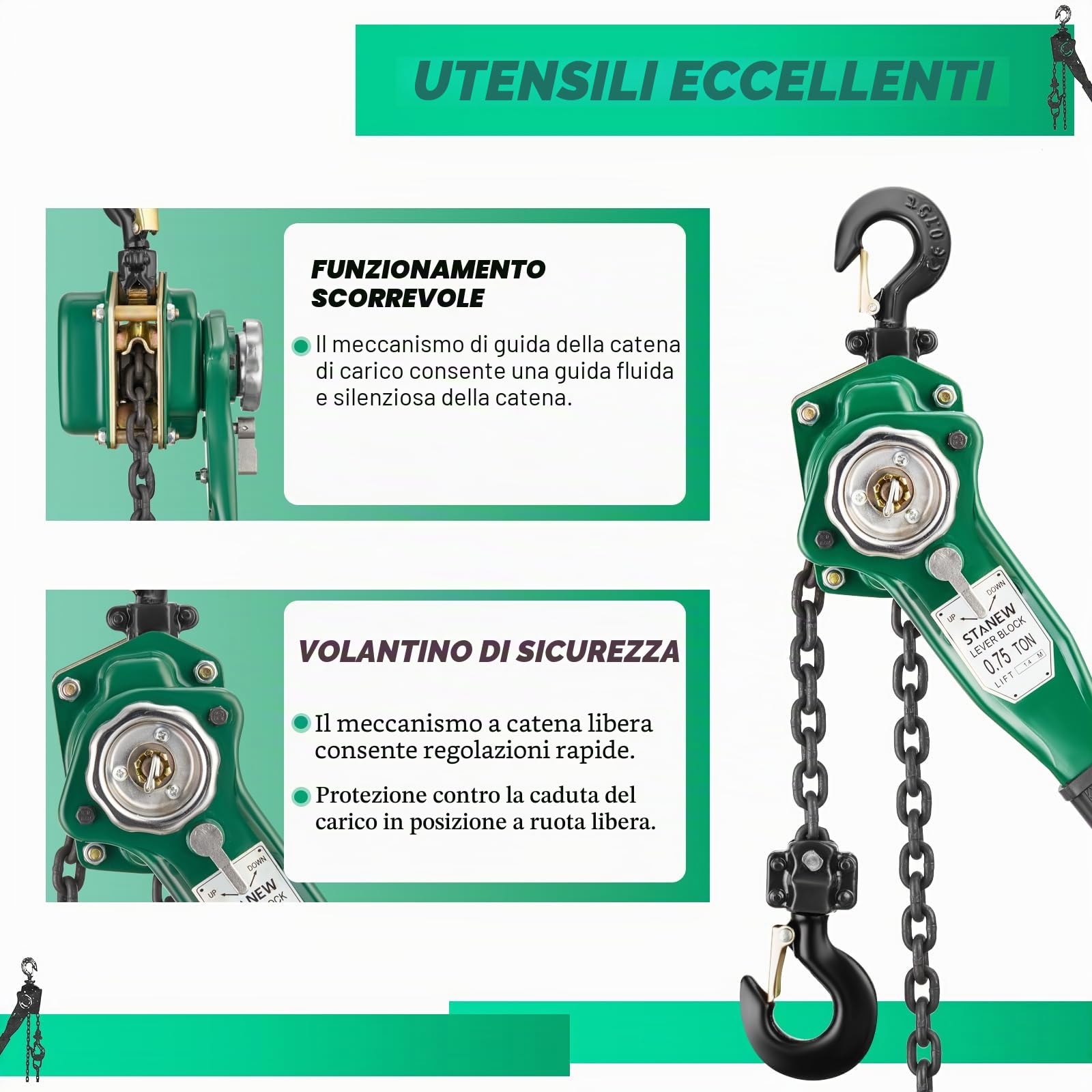 STANEW Paranco a Catena, Paranco a Leva Manuale Altezza di Sollevamento 1.4m, Capacità Max. da 0.75t, Catena in acciaio al carbonio G80, gancio girevole a 360°