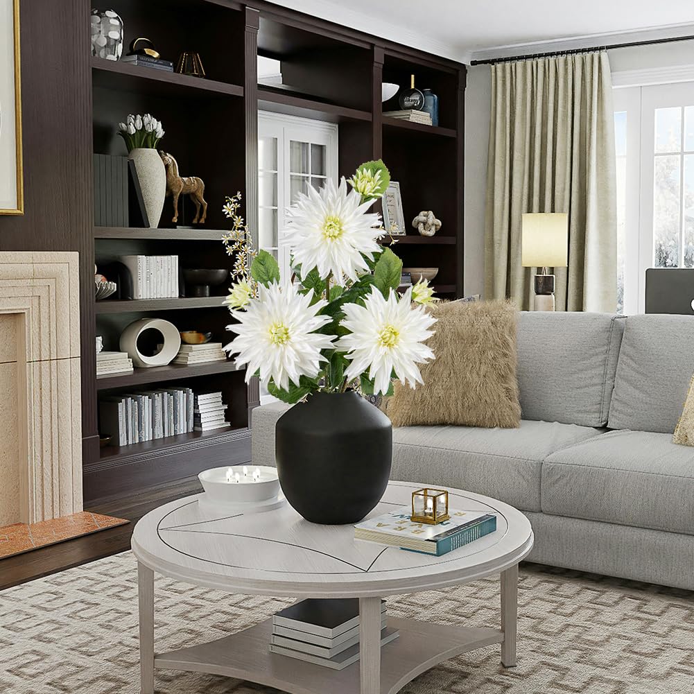 7.5'' Large Artificial Dahlia Flowers with Long Stems, 3pcs White Fake Flowers and 3pcs Decorative Faux Buds - Image 3
