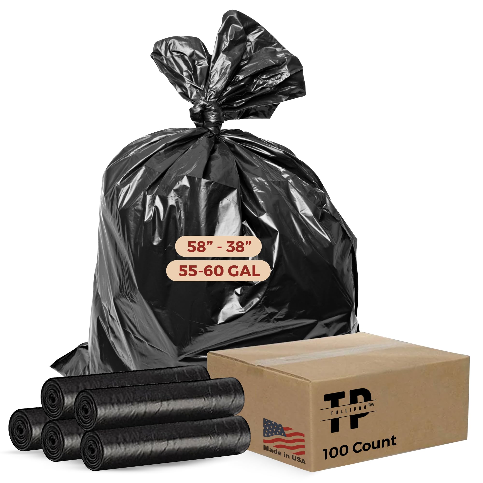 Tullipak 55-60 Gallon Trash Bags | 100 Count | 1.2 Mil Black Can Liners | Heavy Duty | 38" x 58" | Made in the USA