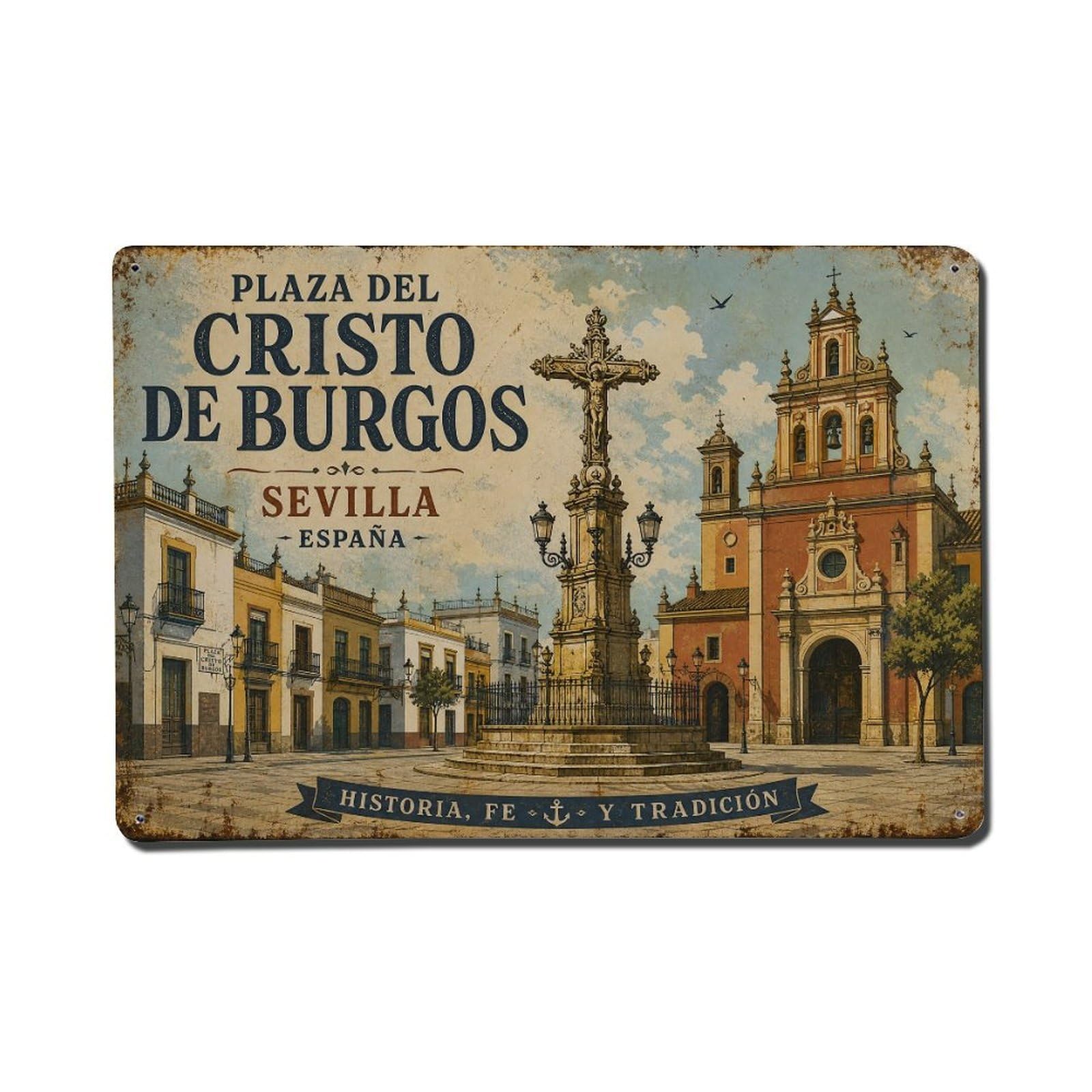 Vintage Travel Plaza Cristo Burgos Seville Square Cross Metal Tin Sign