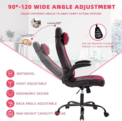 Miniatura 7 de Silla ergonómica para juegos con reposacabezas ajustable y soporte lumbar, cómoda silla de oficina de piel sintética con respaldo alto para adultos,