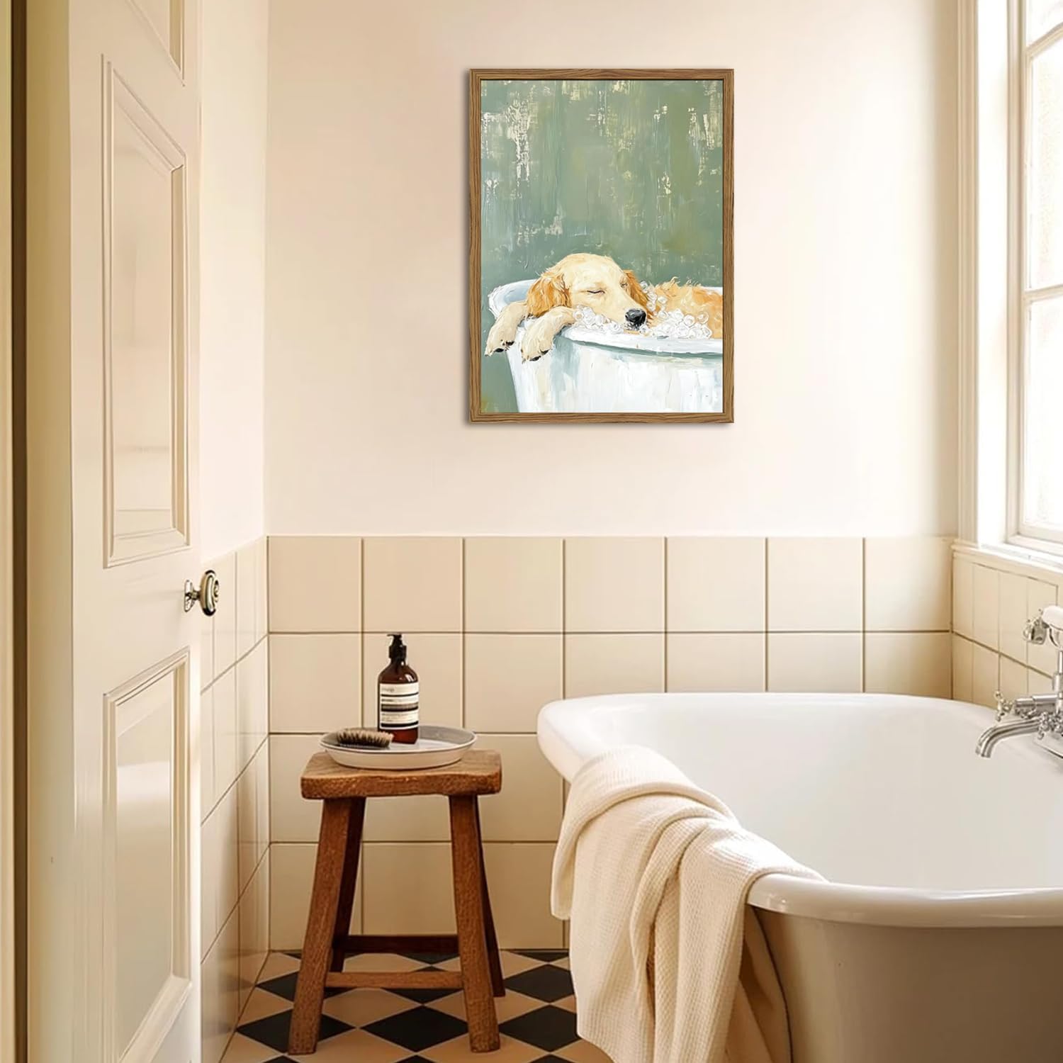Funny Dog Bathroom Wall Art Whimsical Golden Retriever in Bathtub Painting Wall Decor Cute Animal Bathroom Poster Canvas Prints Pictures 24x16 inch Wood Framed