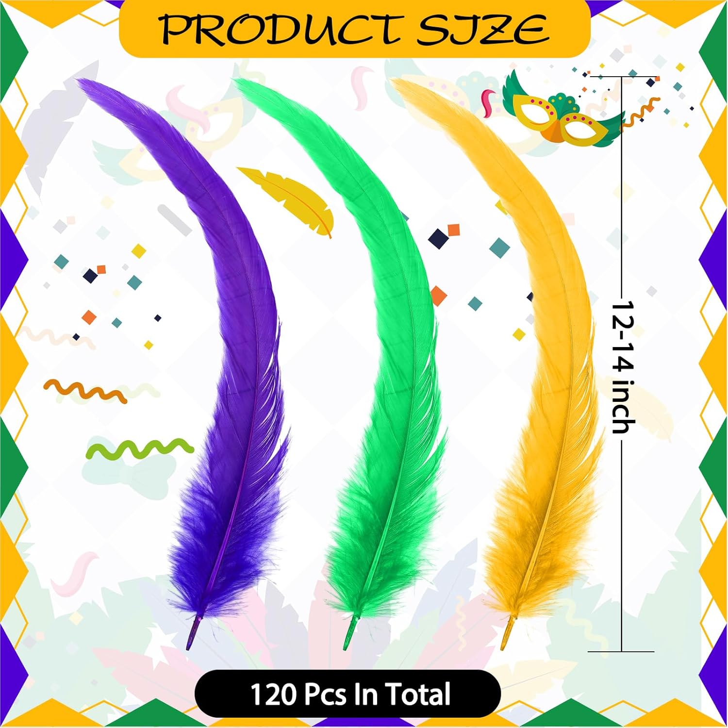 Suncalla 120 Pcs Mardi Gras Rooster Feathers Bulk 12-14inch Natural Long Rooster Tail Feathers Mardi Gras Craft for Carnival Party Masquerade Performances Decoration