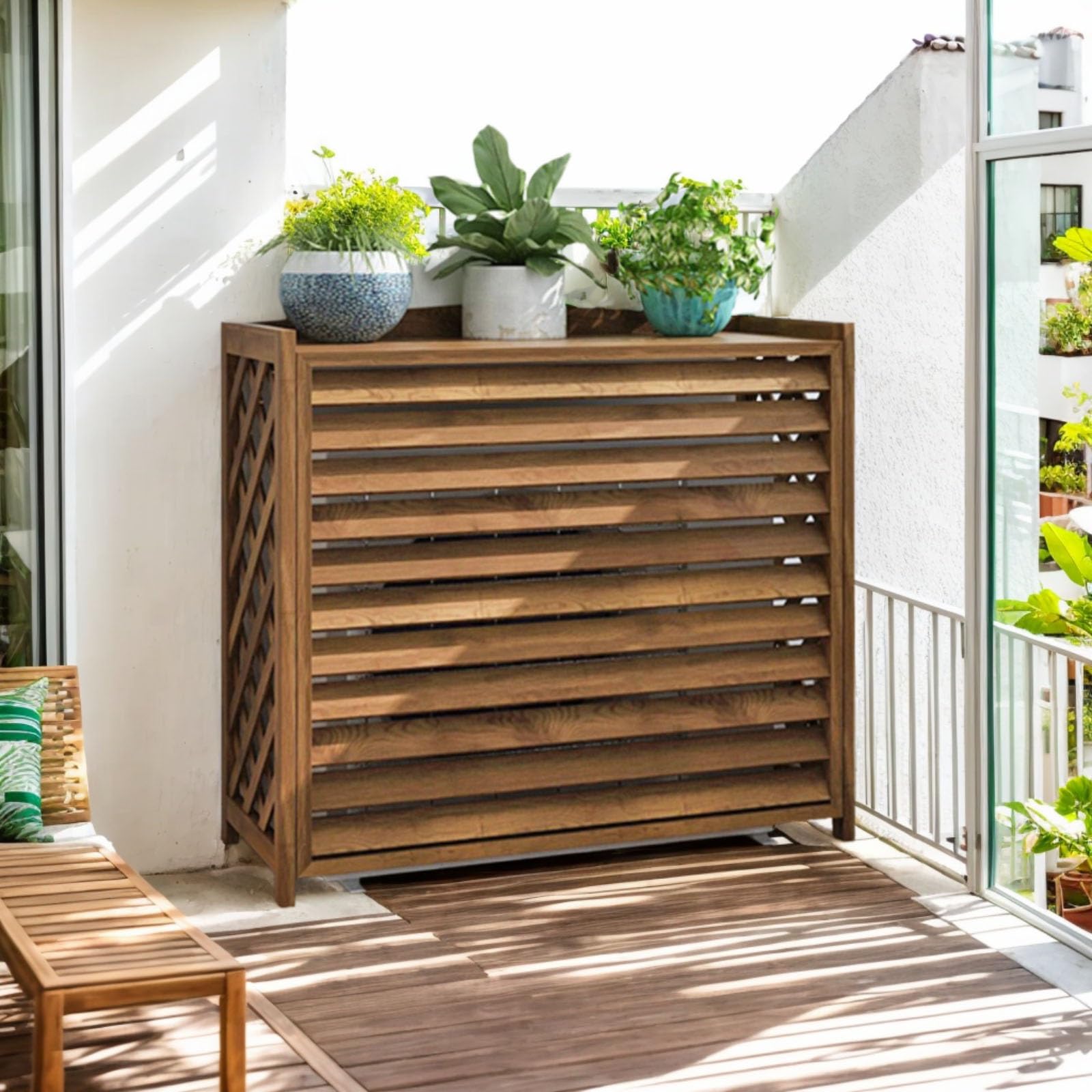 Cache Climatiseur Exterieur Bois Massif Cache Clim Extérieur Cache Pompe A Chaleur Support Climatiseur Exterieur Appareil De Climatisation Protéger Housse Climatiseur(100x44x93cm)