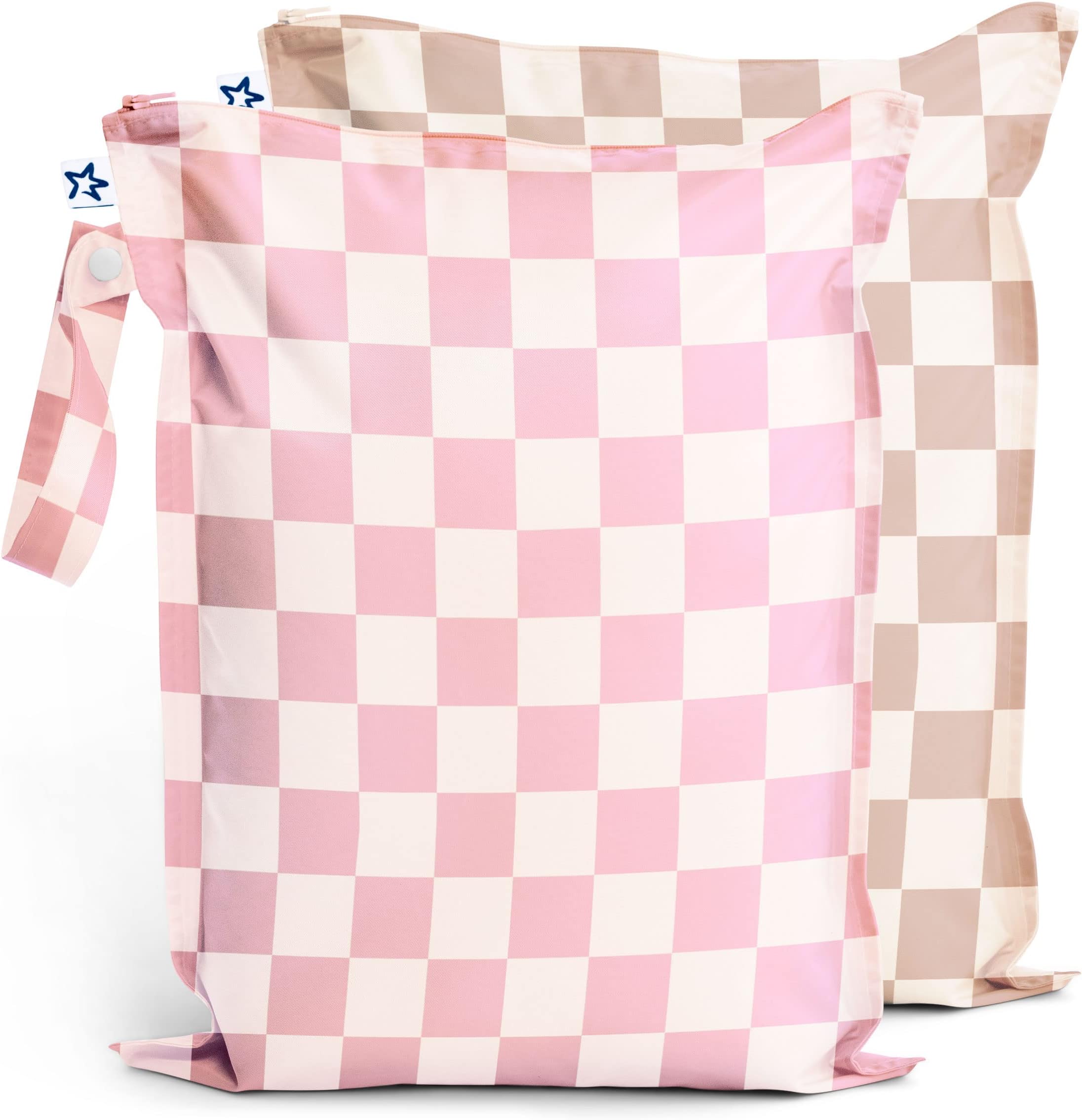 Tiny Twinkle Mess Proof Wet Bags | 2-Pack Reusable Waterproof Wet Bags for Swimsuits | Baby Clothes | Travel & Diaper Bag (Pink, Brown Checkers)
