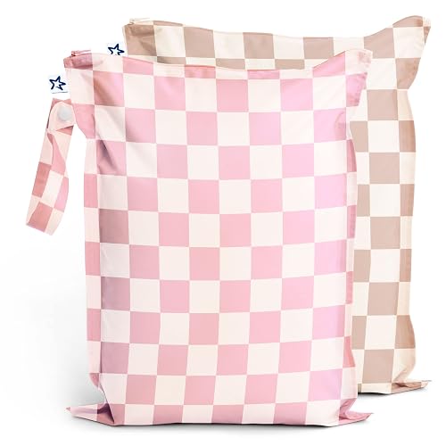 Tiny Twinkle Mess-proof Wet Bags 2 Pack Waterproof and Washable Bag for Travel storage, Stroller, Daycare, Baby Diapers, Yoga, Beach, Pool, Wet Toddler Swimsuits (Pink, Brown Checkers) - Pink, Brown Checkers