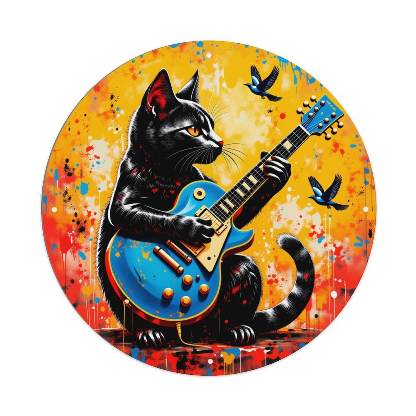 Lzwbntey Vintage Black Cat Playing Guitar With Birds Metal Tin Sign Retro Wall Decor For Home Bar Garage Cafe, Indoor & Outdoor Decorative，Circle Metal Poster, 8X8 Inch