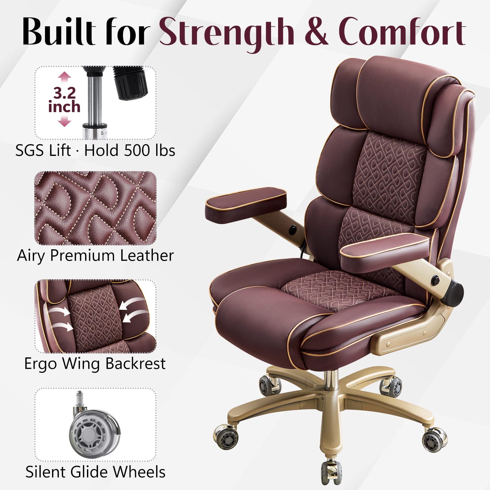 Heavy Duty Executive Leather Chair Big and Tall Office Chair 500lbs with 5D Flip-up Armrests Comfortable Seat Adjustable — view 4