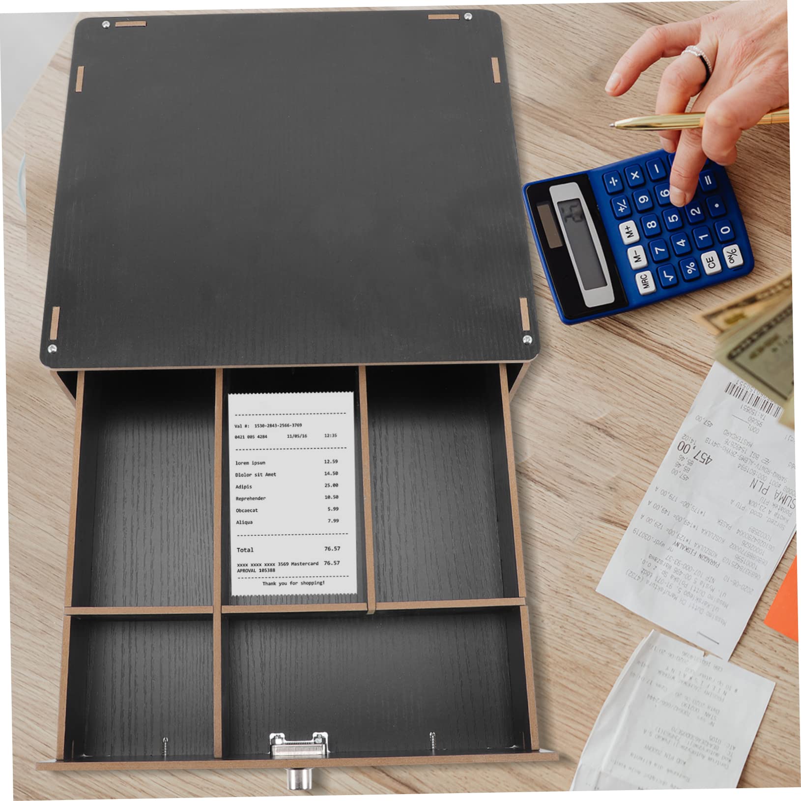 Scatola Portamonete in Legno Nera a Scomparti Multipli per Cassa | Contenitore da Banco, Clips per Fissare Banconote e Monete, Sostituzione Till per Negozi e Punti
