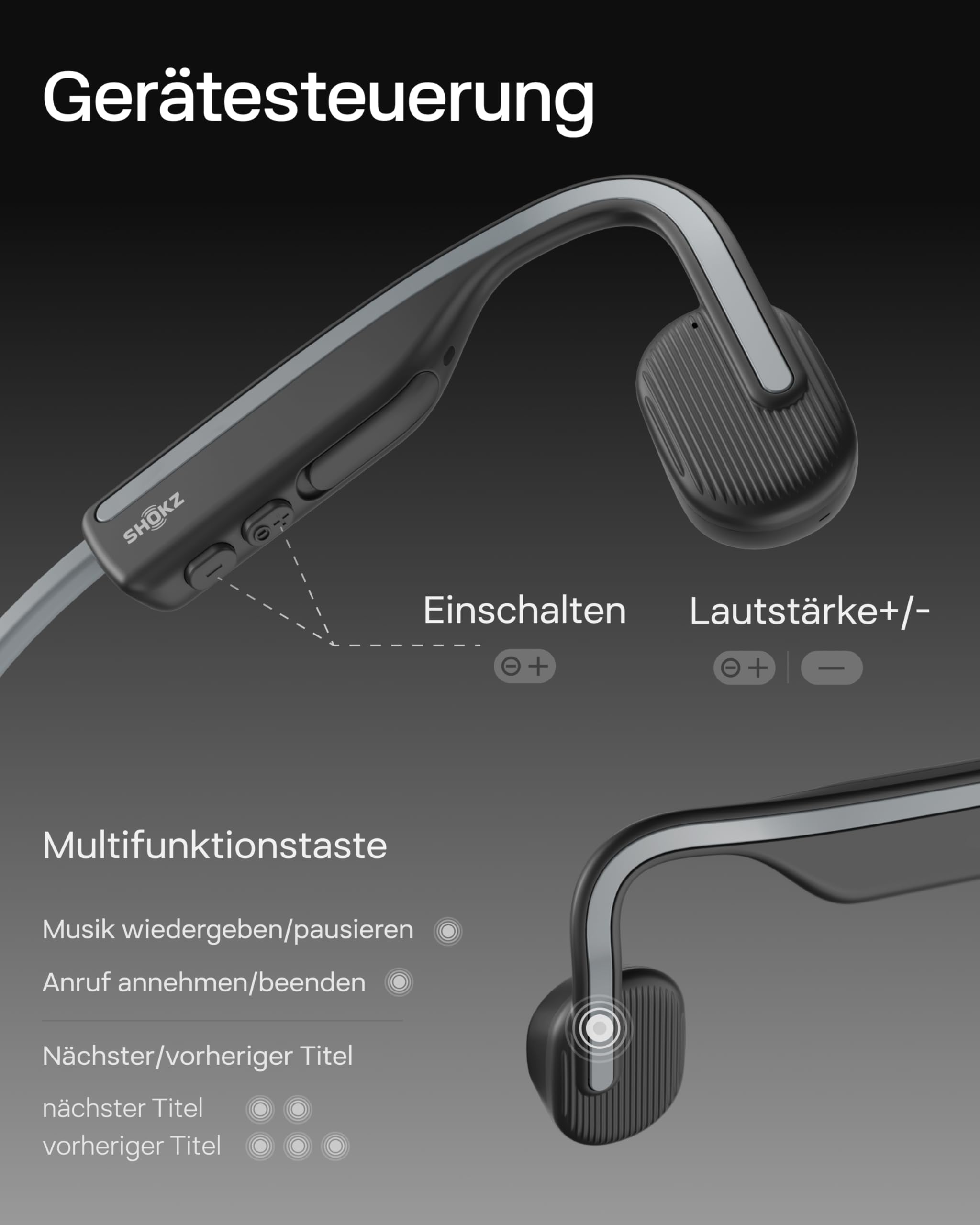 SHOKZ OpenMove Knochenleitungs-Kopfhörer, Open-Ear Wireless Bluetooth 5.1 Kopfhörer mit klarem Sound, 6 Stunden Akkulaufzeit, leicht 29g, schweißfest IP55, Umgebung hören, für Lauf-Workouts, Grau