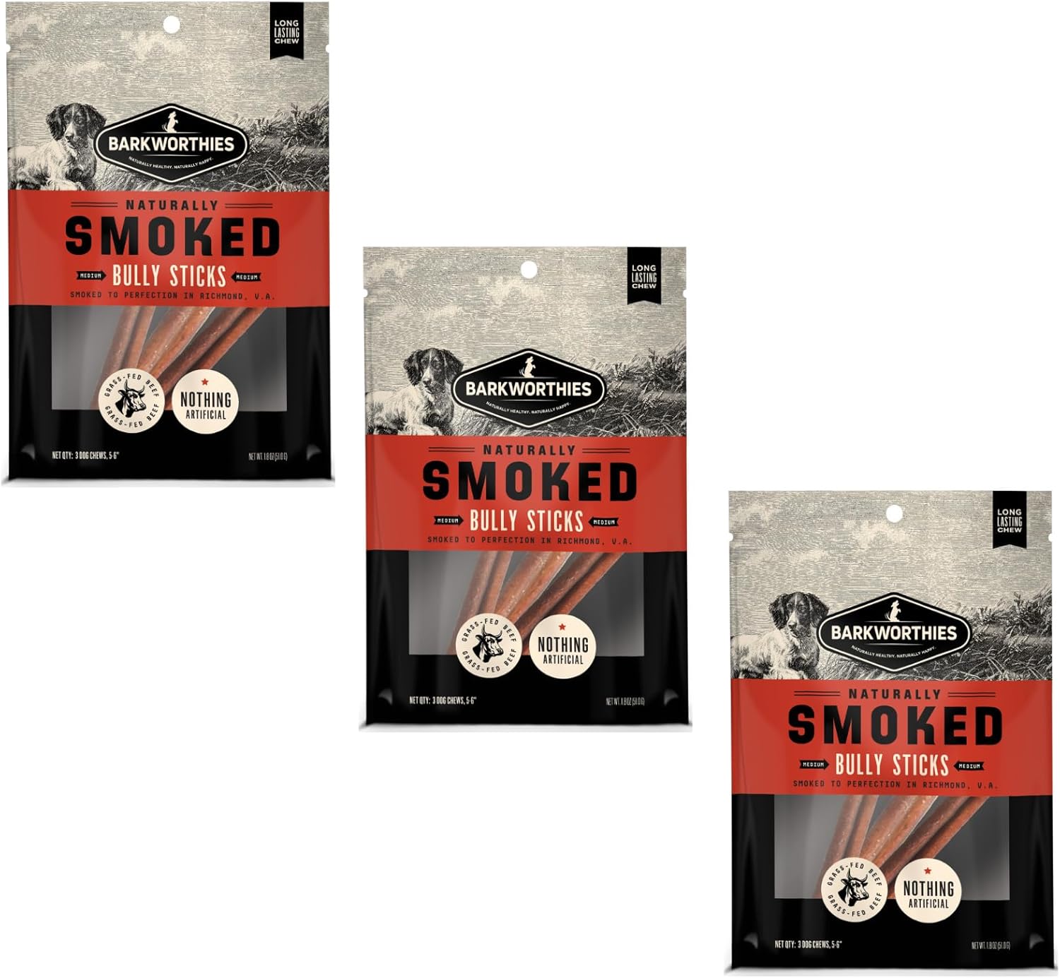 Bark Worthies Smoked Bully Sticks Dog Treat 5-6 Inches Pack of 3