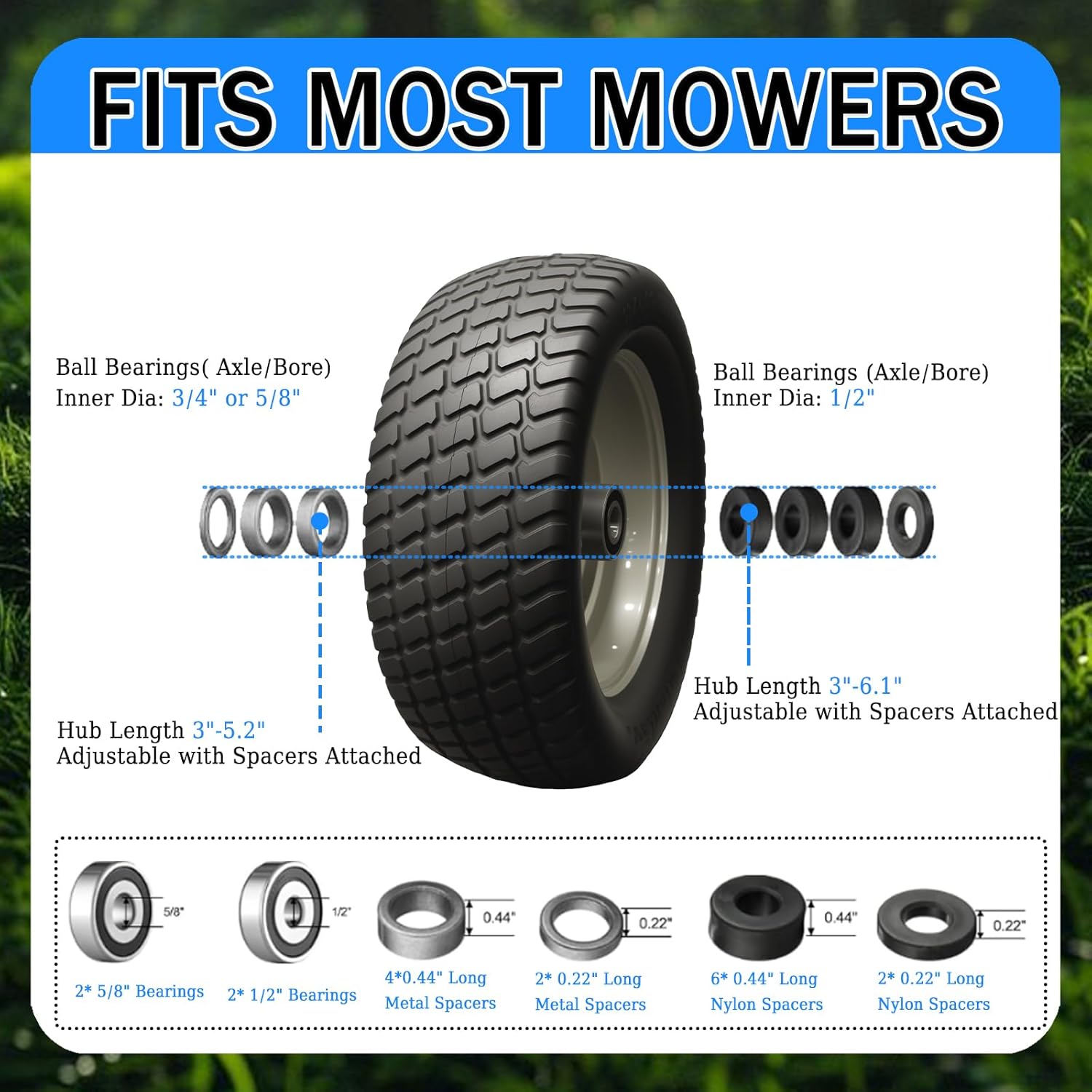 13x5.00-6 Flat Free Tire And Wheel Assemblies, Compatible For 13x5x6 Lawn Mower Tires And Wheel, With 6" Centered Hub And 3/4" Bearings, Load 400lbs, More Durable (2-Pack)