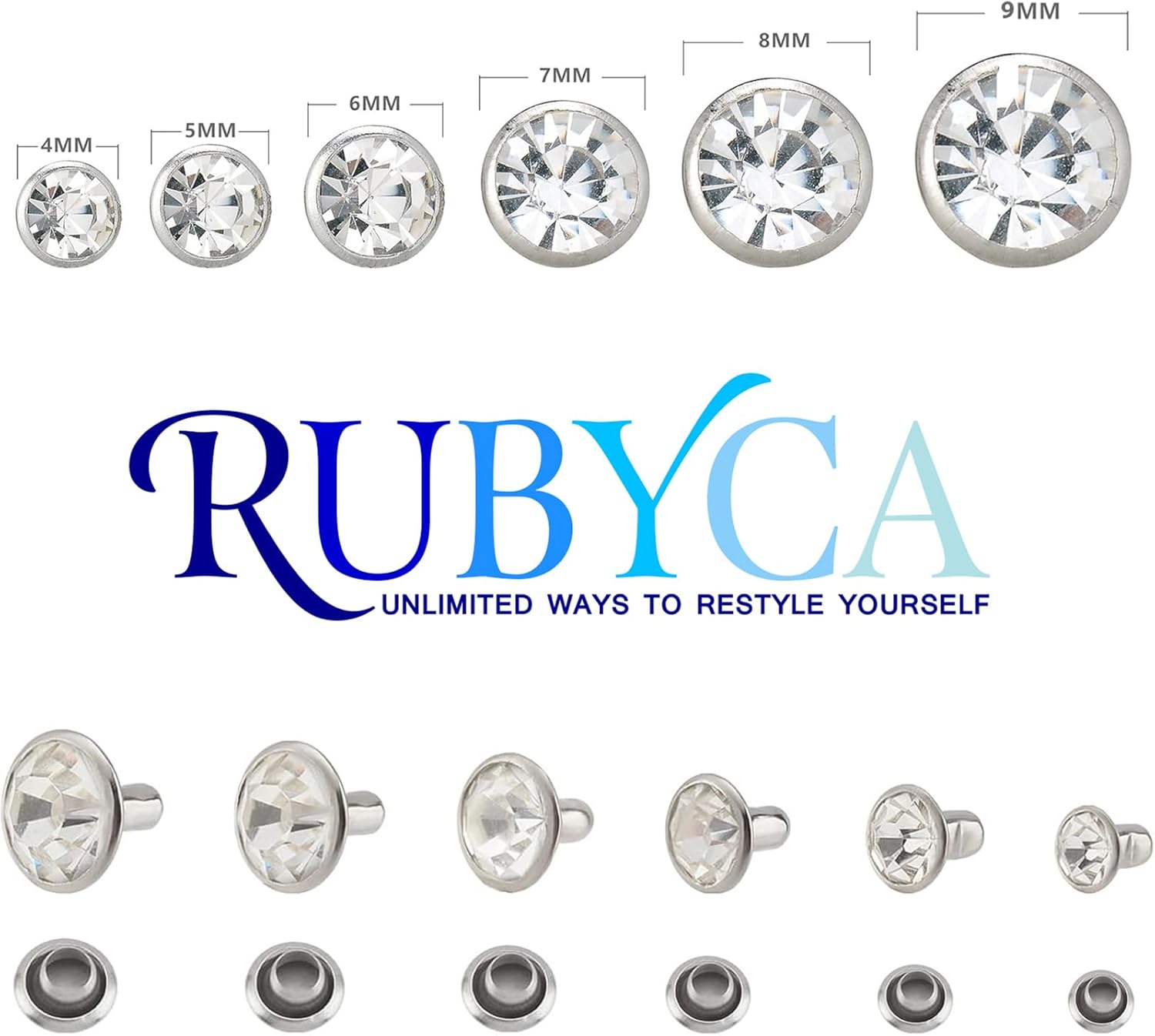 RUBYCA 600 Sets Czech White Clear Crystal Rhinestone Rapid Rivets Silver Color Metal Studs DIY LeatherCraft Kit for Clothing, Wedding, Art and Crafts with a Leather Hole Punch Tool