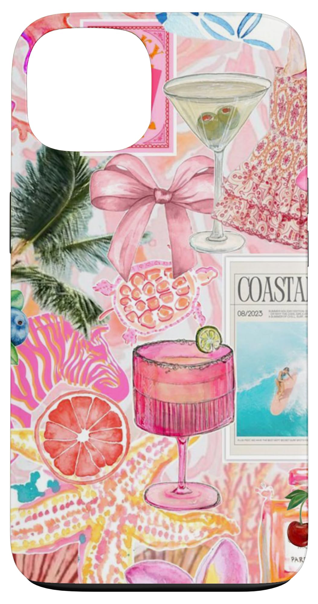 Summer Coastal Coquette Cocktail Palm Tree & Pink Bow Case for iPhone 13