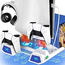 PS5 Stand Cooling Station, PS5 Fan Playstation 5 Controller Charger Stand, Vertical PS5 Fan Cooler Stand for Sony Playstation 5 Digital/Disc Edition, Extra USB Port, PS5 Accessories