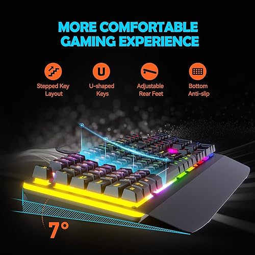 Miniatura 5 de Teclado para juegos con cable, teclado iluminado RGB con reposamuñecas, panel de metal de 104 teclas retroiluminado con arco iris para juegos,