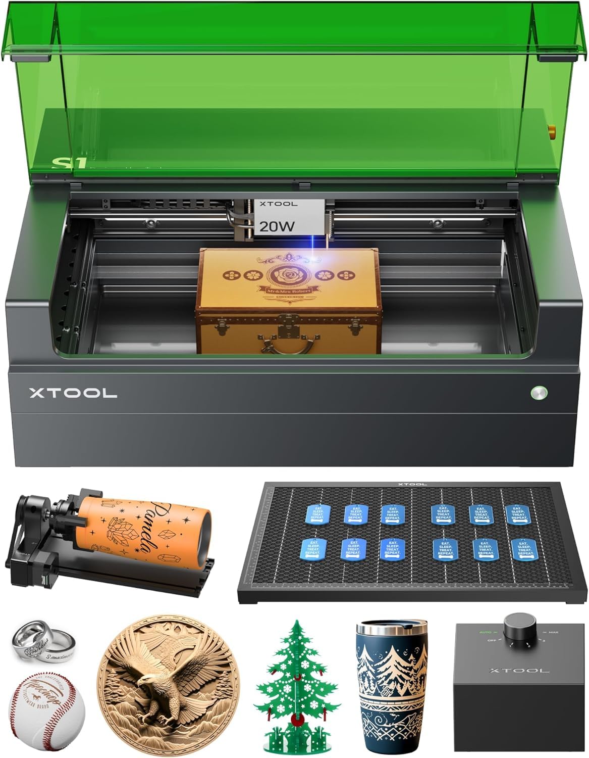 xTool S1 20W Laser Cutter and Laser Engraver for Tumblers, 23.93" x 15.16" Bed Size, 600mm/s Speed, Laser Engraving Machine, Laser Engraver for Wood and Metal, Glass, Big Project - Rotary Bundle