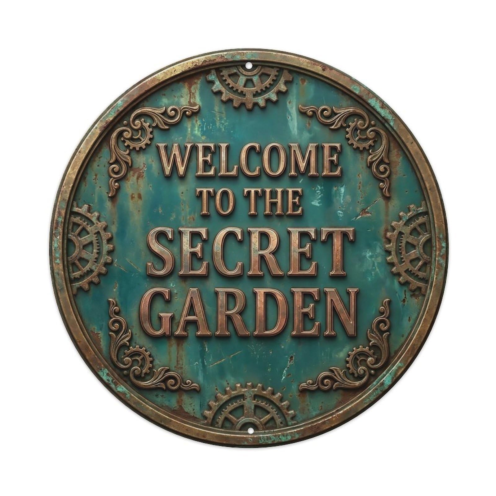 Vintage Welcome Secret Garden Geared Metal Tin Sign