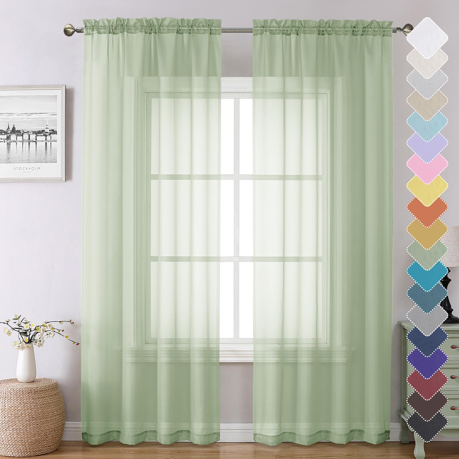 Chyhomenyc Light Green Sheer Curtains 84 Inches Long 2 Panels Set- Light Filtering Curtains for Bedroom, Soft Airy Voile Rod Pocket Living Room Window