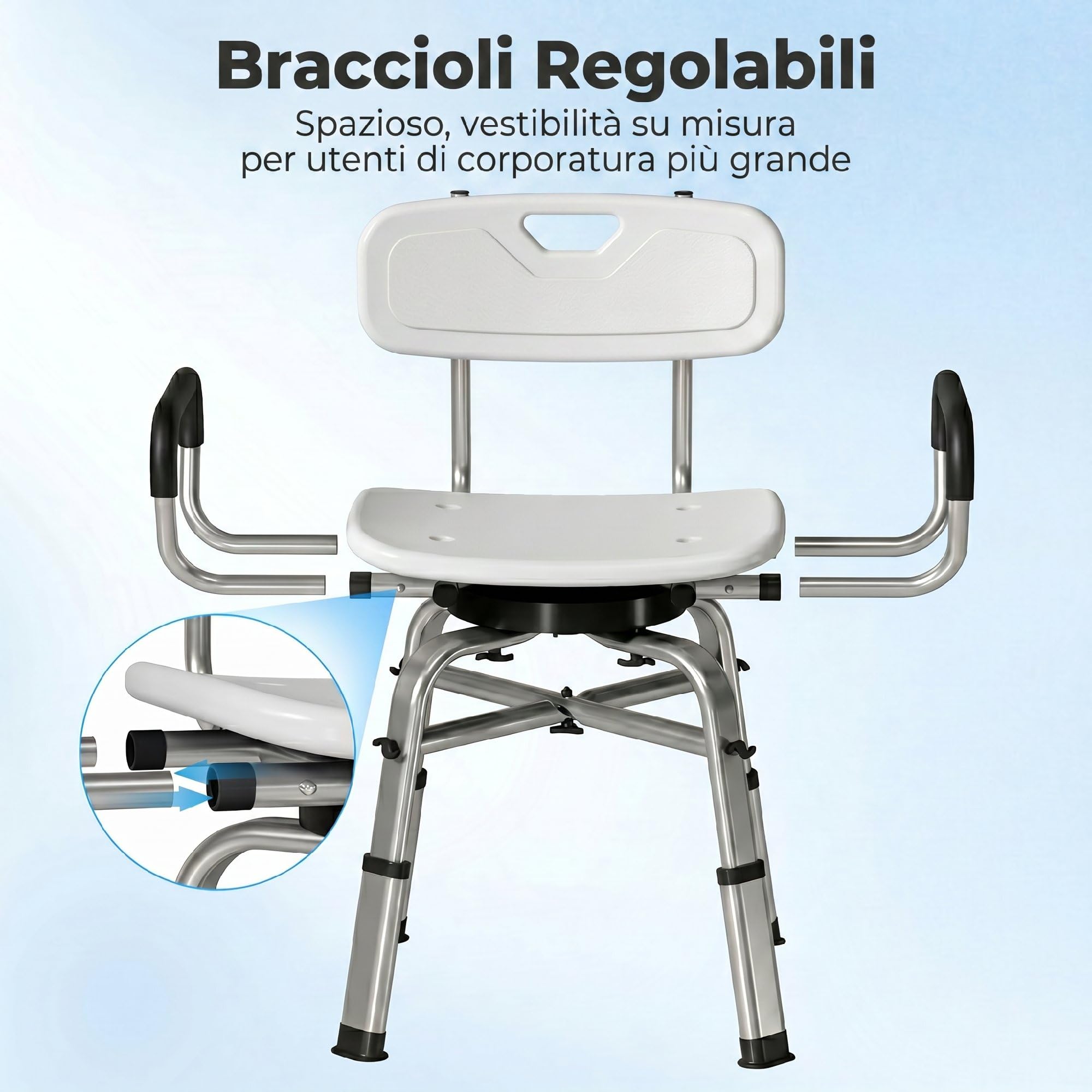 HOMCOM Sedia da Doccia Girevole 360° con Braccioli Estraibili e Schienale, Sgabello Doccia 6 Altezza Regolabile, Antiscivolo, in Lega di Alluminio, Portata 150kg, per Anziani e Disabili, Bianco