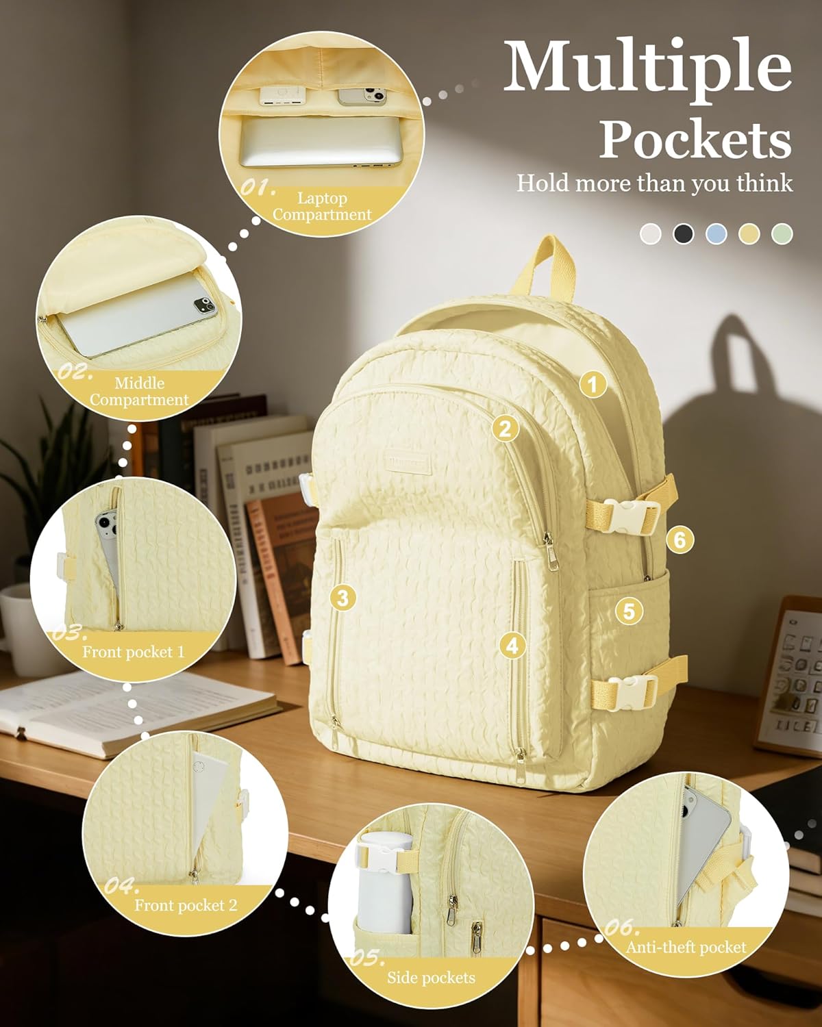 weradar Lightweight Middle School Bag For Teens Girls,Kawaii Backpack For College Students,Aesthetic Bookbag,Cute School Backpack For Women Casual Daypack(Yellow) - Image 3