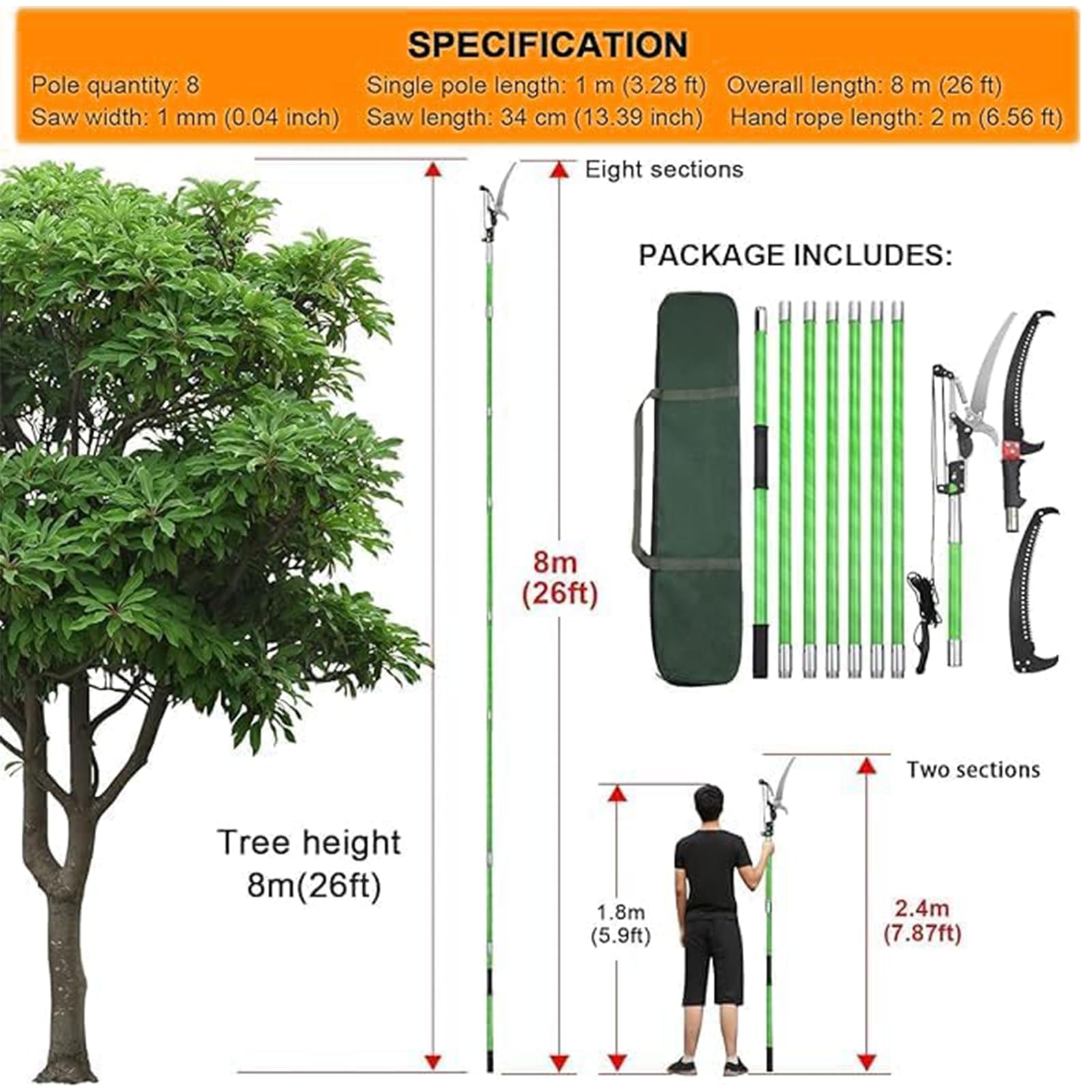 Sierra de Podar Telescópica con Mango Extensible, Alcanza 8 Metros – Sierra de Podar Manual, Herramienta de Jardinería para Podar Palmeras y Arbustos