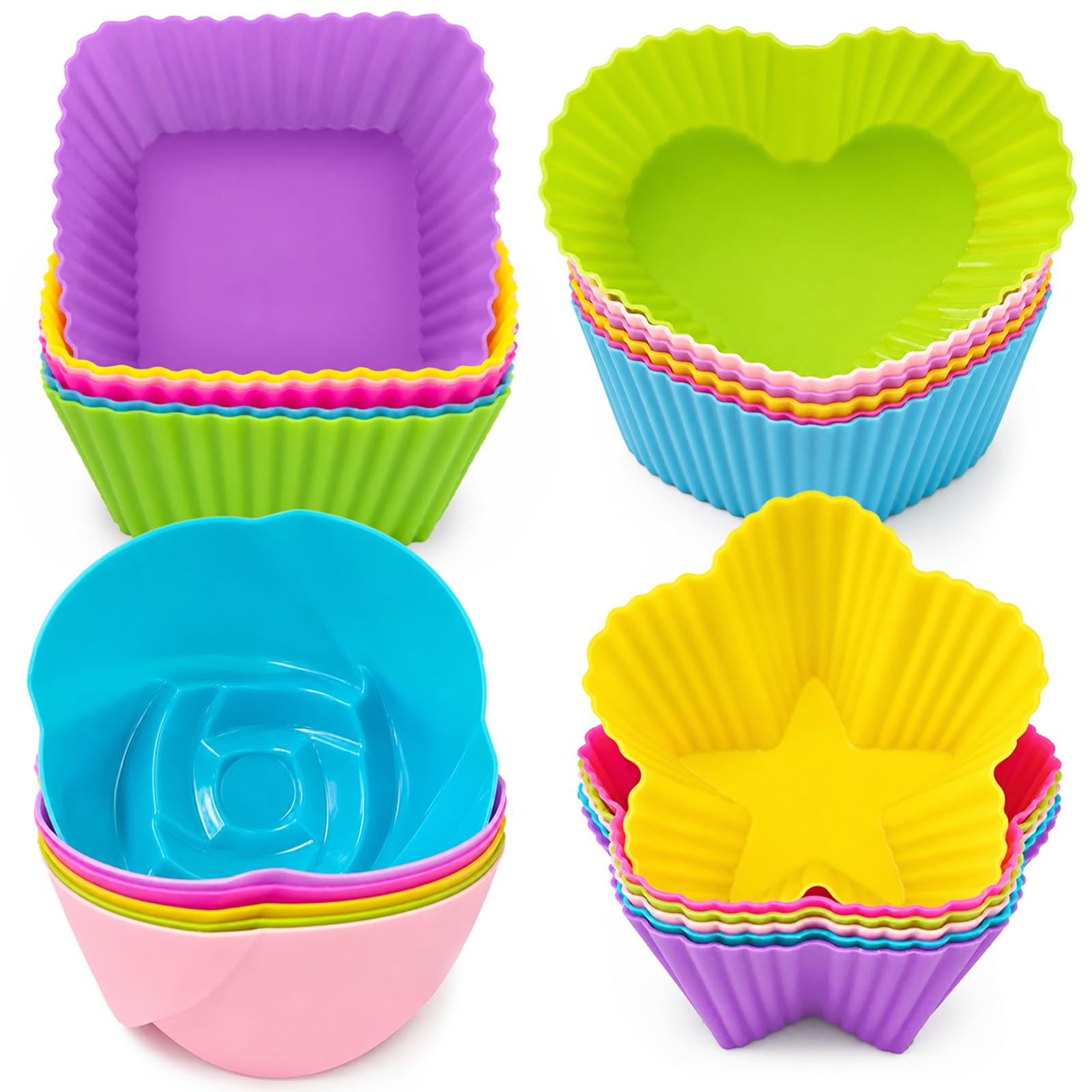 Cupcake Cases, Silicone Baking Cups Pack of 24 - Non-Stick, Reusable, Heat-Resistant Baking Cases for Cupcake, Muffin and Desserts, Multicolor