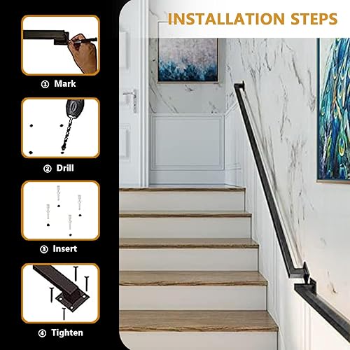 Miniatura 6 de LIVINQ Barandilla de escalera para escalones exteriores o interiores, pasamanos de escalera de metal negro soporte de pared de hierro forjado,