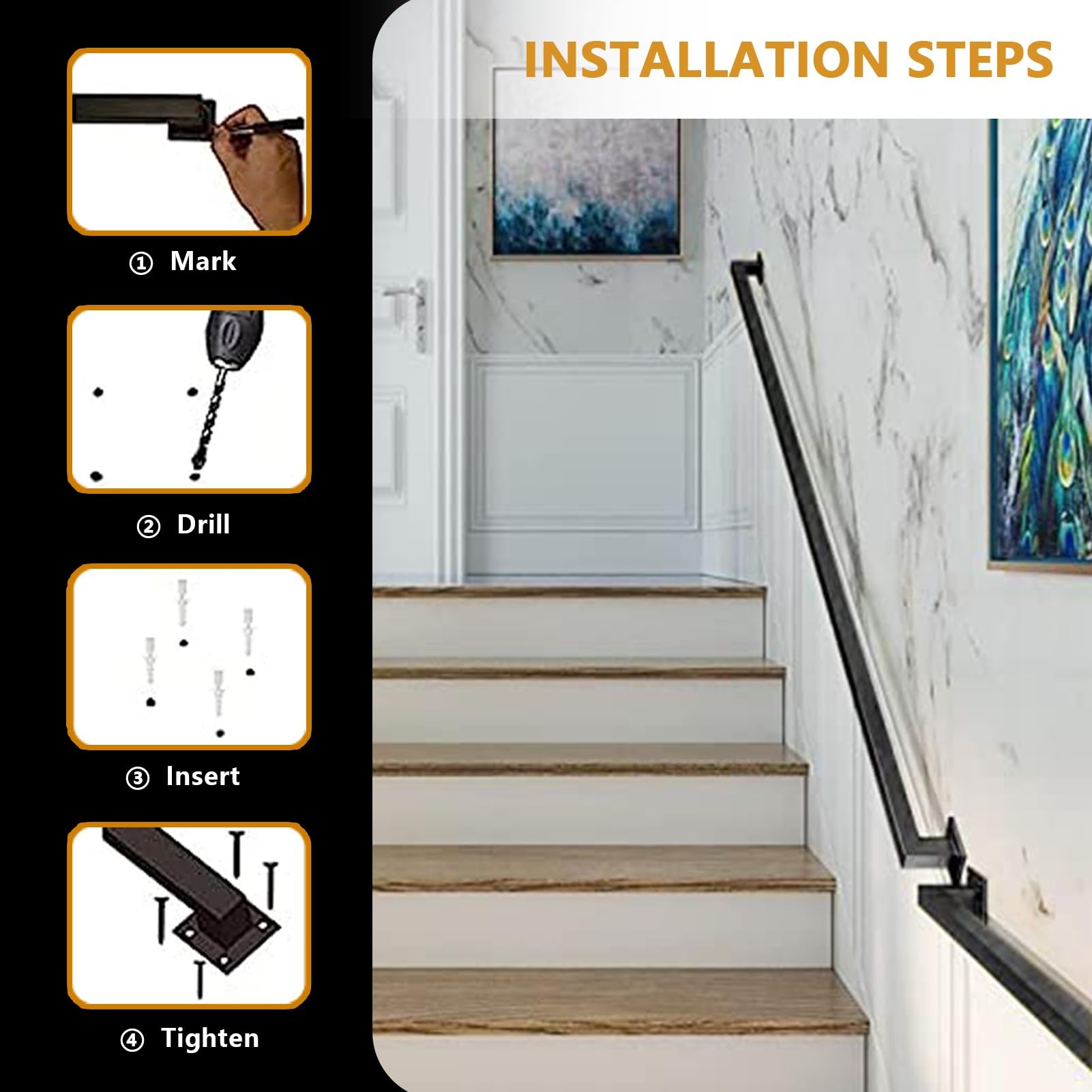 30–600 cm Handlauf für Treppen im Innen- und Außenbereich, Treppengeländer, Handläufe aus Schmiedeeisen, Sicherheitshaltegriff mit Wandhalterungen und Metallschrauben (schwarz, 2 F