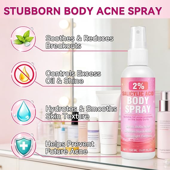 2% Salicylic Acid Spray, 360Acne Spray, Targets Blemishes, Blackheads, Reduces Body Breakouts, Pore Clarifying, Ideal for Back, Chest, Shoulders, All Skin Types, 5.07 fl.oz