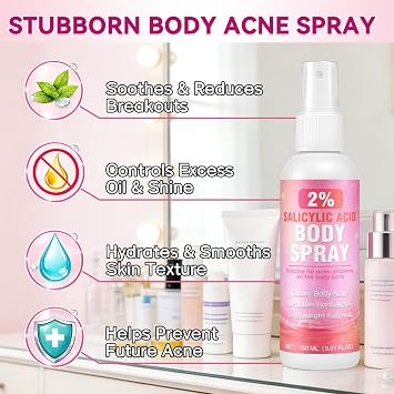 2% Salicylic Acid Spray, 360Acne Spray, Targets Blemishes, Blackheads, Reduces Body Breakouts, Pore Clarifying, Ideal for Back, Chest, Shoulders, All Skin Types, 5.07 fl.oz