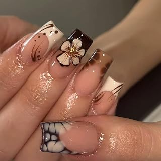 Brown Press on Nails Medium Square Fake Nails with Designs Flower Stick on Nail French Acrylic False Nail Leopard Artificial Nail Glossy Full Cover Glue on Nails for Women 24Pcs