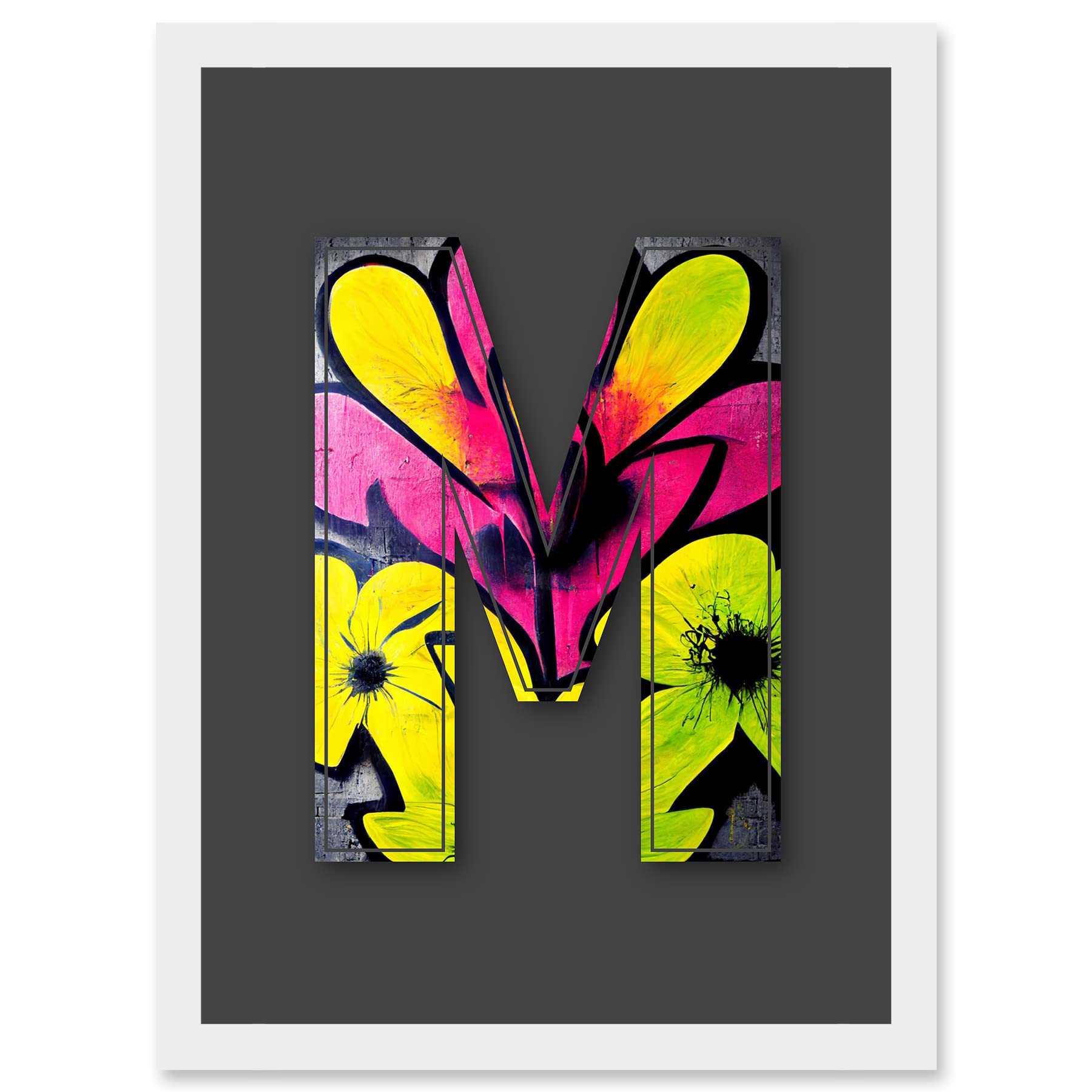 Wee Blue Coo Letter M Neon Yellow Flower Decorative Graffiti Mural Alphabet Initial Stencil Artwork Framed Wall Art Print A4
