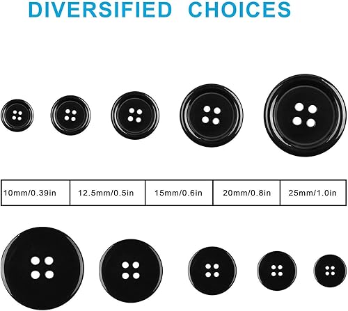 Miniatura 3 de 100 botones de costura de resina mixta de alta calidad, botones ecológicos de 4 agujeros para manualidades, 5 tamaños de botones negros adecuados