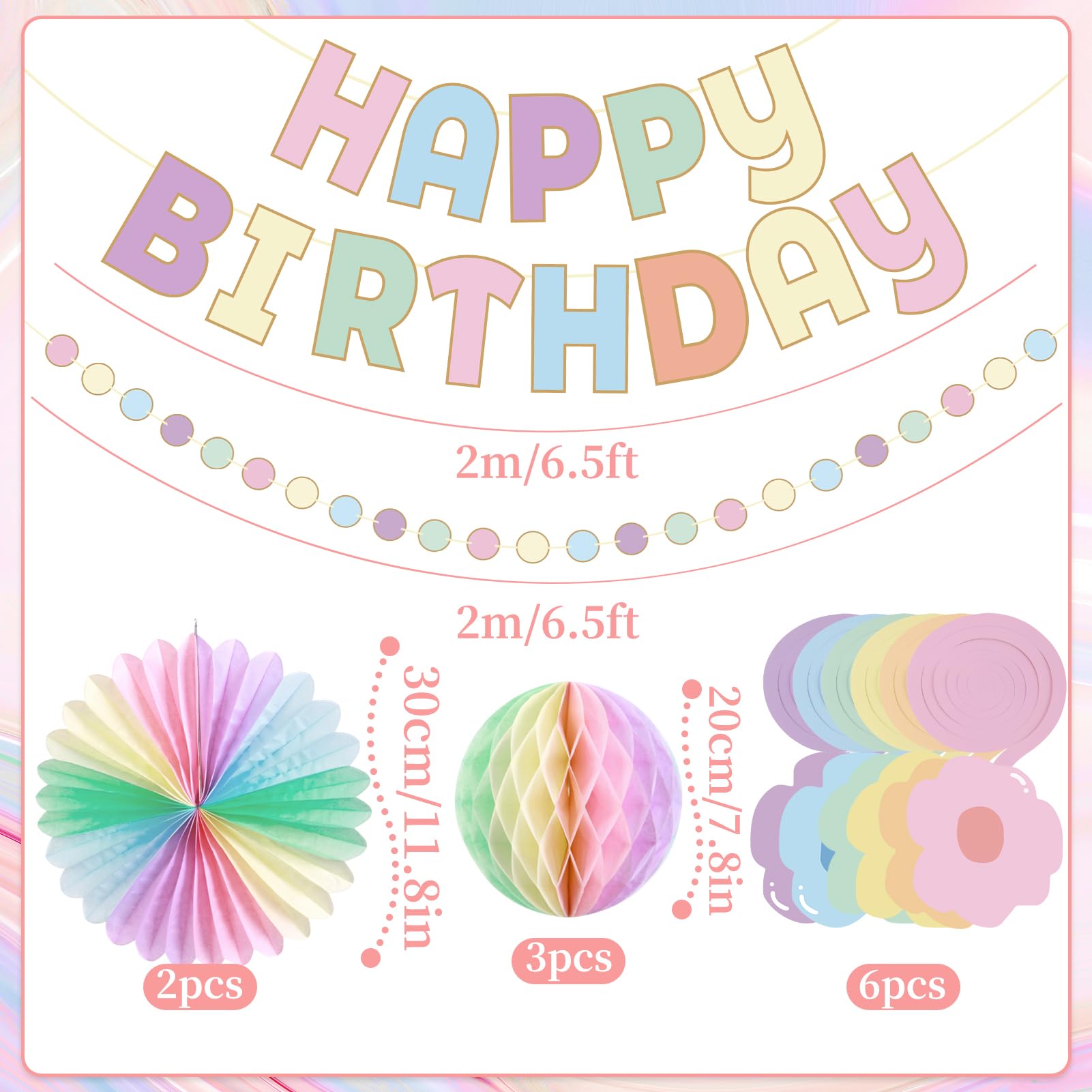 Pastel Birthday Decorations Macaron Pre-Strung Happy Birthday Banner Pastel Honeycomb Balls, Flower Swirls, Garland, Hanging Paper Fans Decoration for Birthday Easter Party