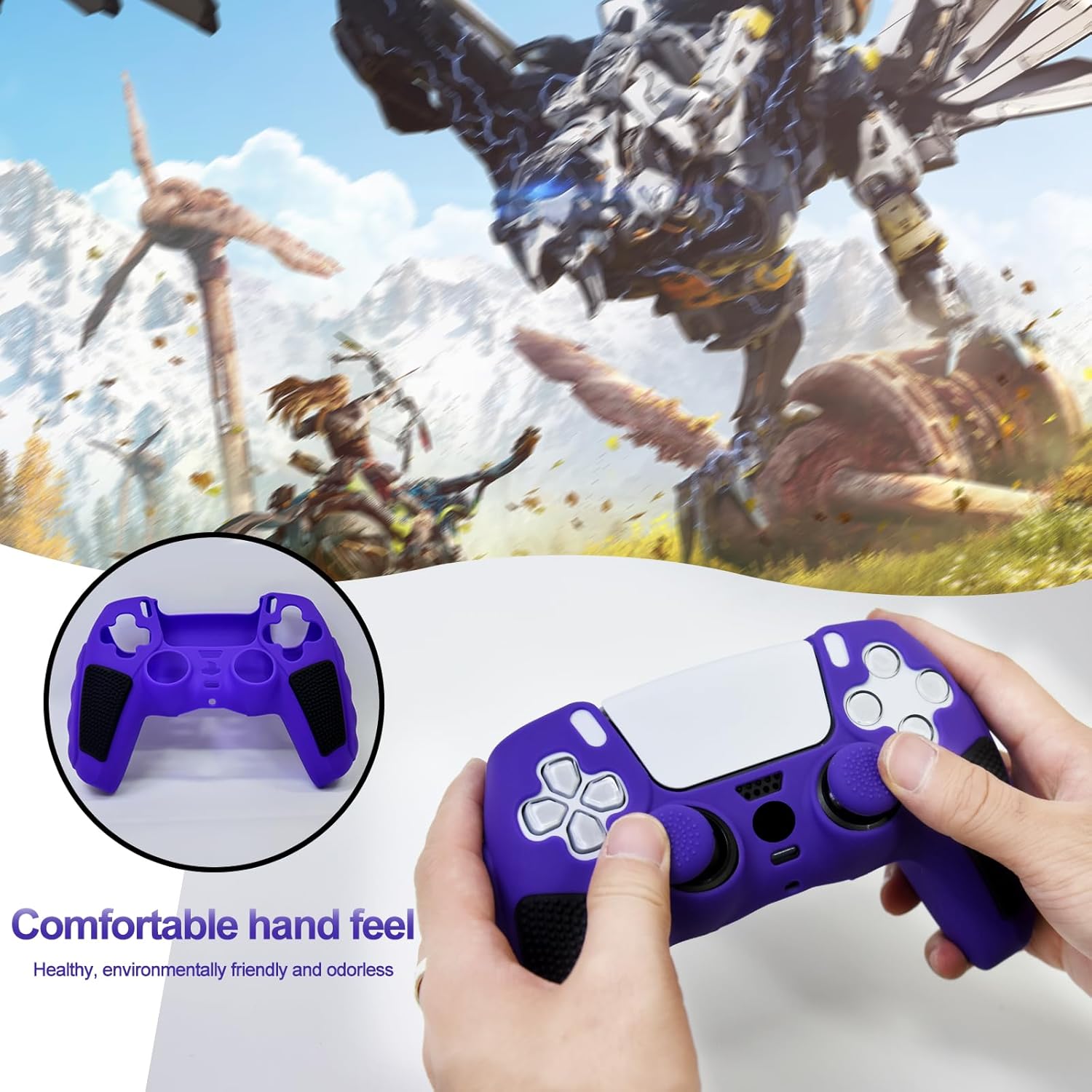 Anti-Slip Purple PS5 Controller Skin,Soft Thicken Studded Protective Silicone Cover Skin Grips Compatible with PS5/Slim/Pro Controller and 8 PCS Thumb Grips Caps. - Image 2