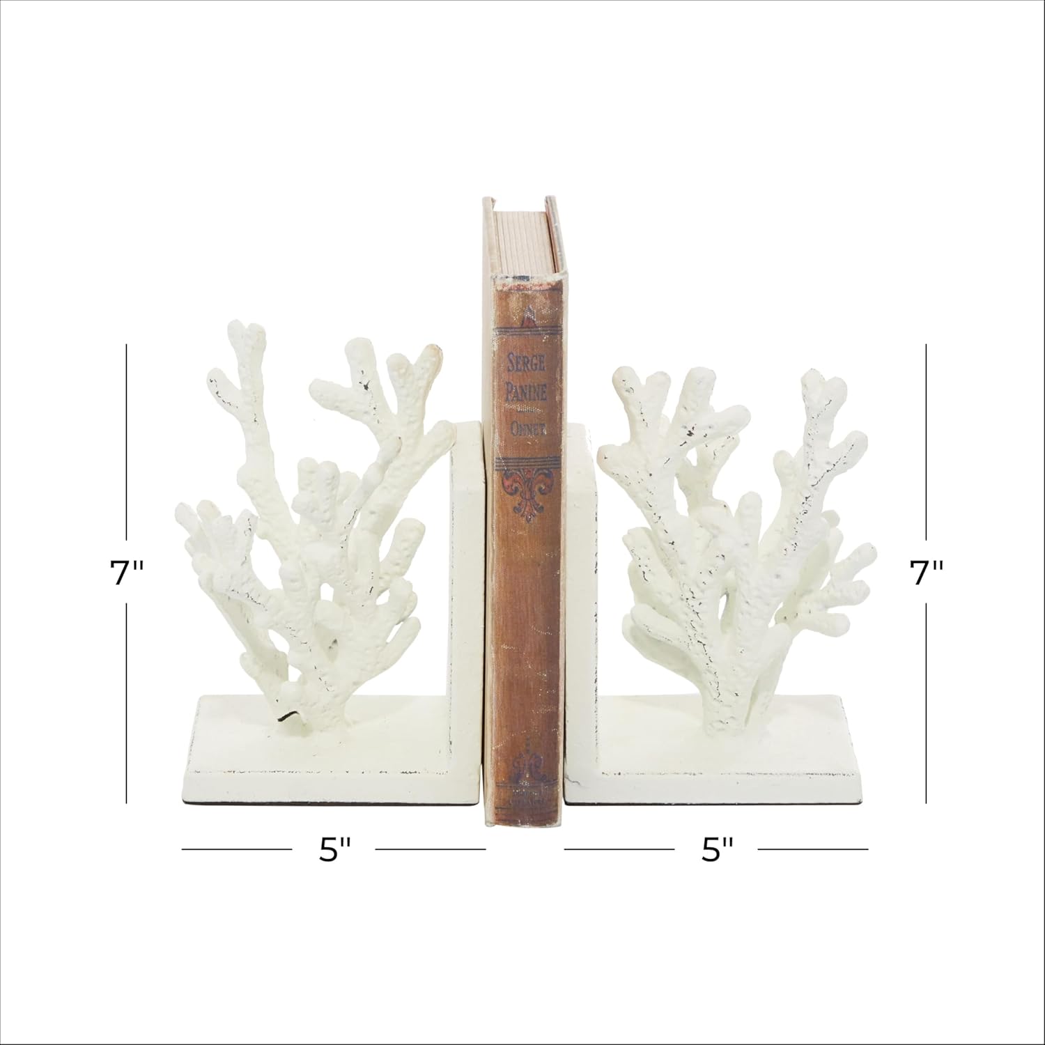 Deco 79 Metal Coral Decorative Bookends Non Skid Bookends, Set of 2 Office Bookends5"W, 7"H, White