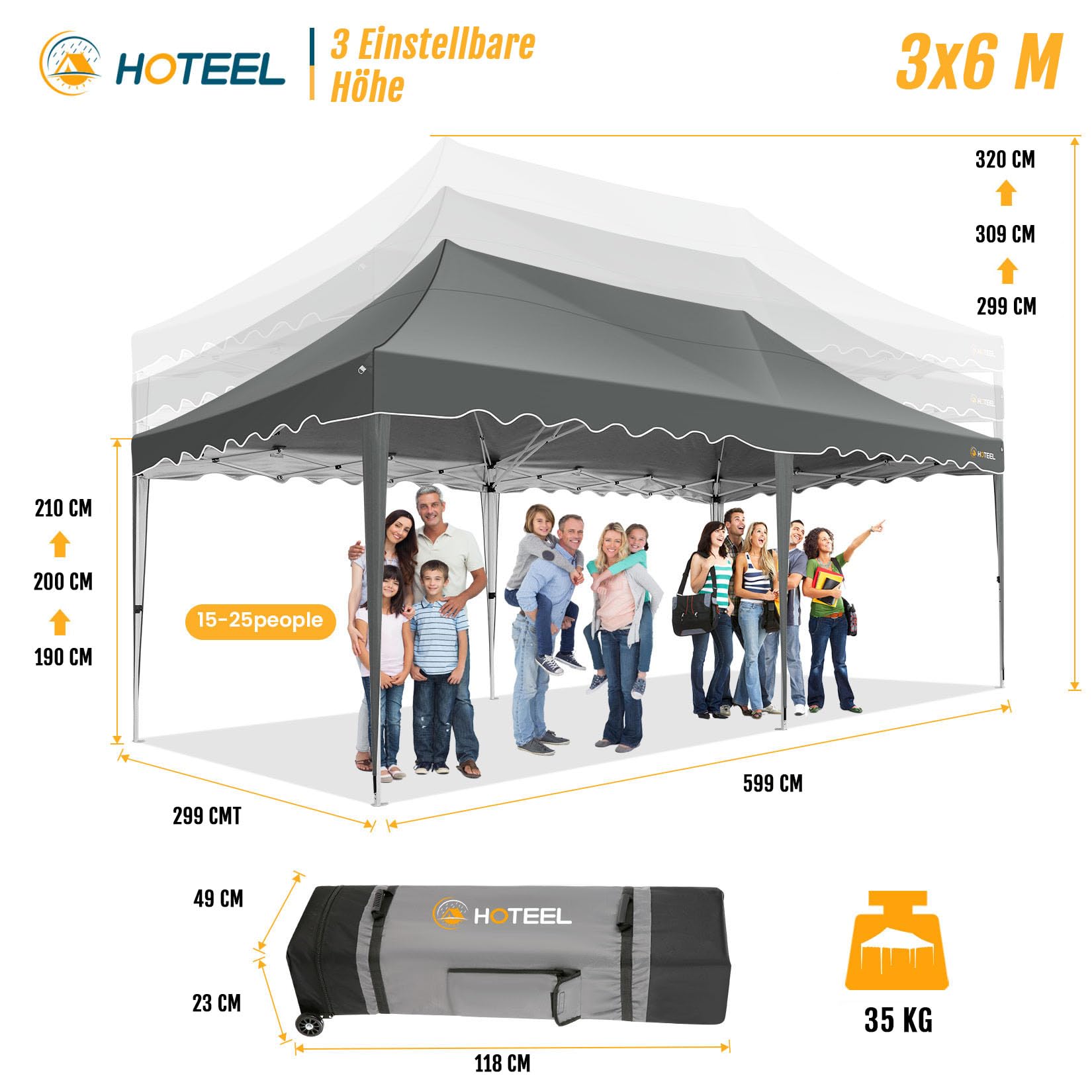 HOTEEL 3x6m Pop Up Pavillon Wasserdicht mit 6 Abnehmbaren Seitenwä Stabi lNden, Wellensaumdach Uv Anti 50+ Faltpavillon mit Radtasche und 4 SandsäCken, für Hochzeit, Party, Picknick, Markt (Grau)