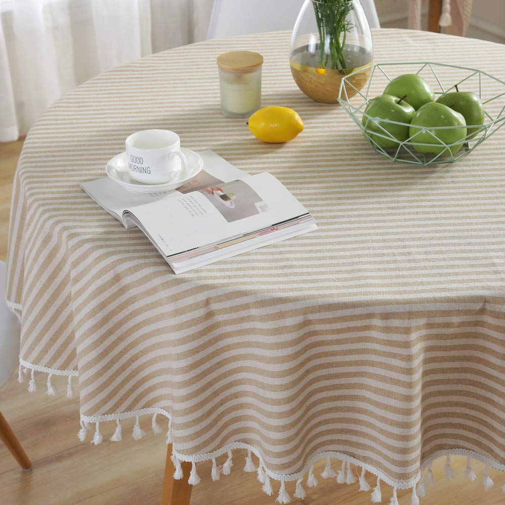 Plenmor Round Tablecloth Stripes Cotton Circular Table Cloth with Tassels for Round Table Round Table Cover for Coffee Picnic Outdoor (Round, 180cm, Beige)