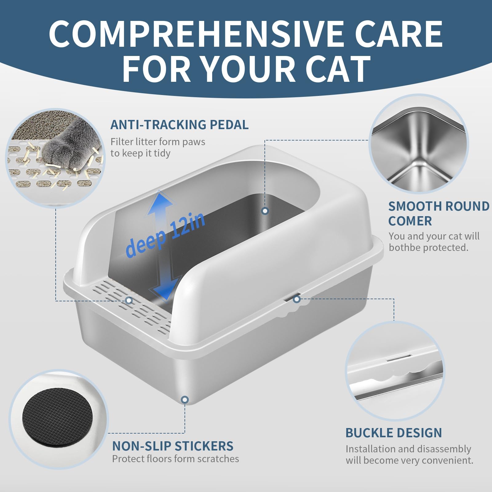 Prodigen Extra Large Stainless Steel Cat Litter Box with Lid High Wall Sides Enclosure, Non-Sticky, Anti-Leakage, Easy Cleaning，with Cat Mat & Metal Scoop, 24" L x 16" W x 12" H - image 6