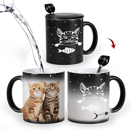 Miniatura 9 de Taza de café con diseño de gato que cambia de color de 11 onzas  The Fish is Delicious  Taza de gato de Halloween con tapa negra y cuchara para