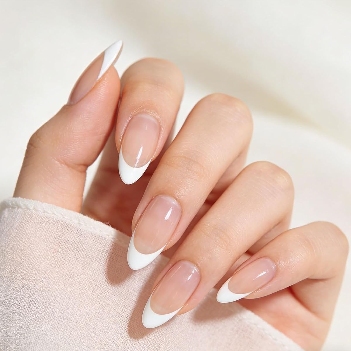 French Tip Press On Nails-Medium Pointed Almond Shape Nails | 30 Pcs Soft Gel Salon Quality Reusable Stick On Nails, Glossy Classic Fake Nails Kit in 15 Sizes for Women Gift Daily Nail
