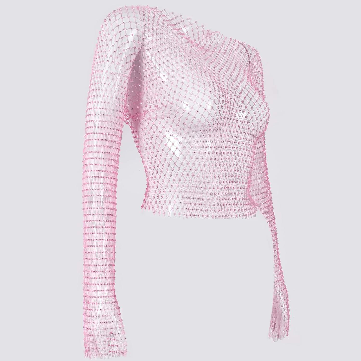 Rhinestone Crystal Crop Top, Long Sleeve Mesh Body Chains, See Through Mesh Diamond Fishnet Shirts Outfits - Image 2