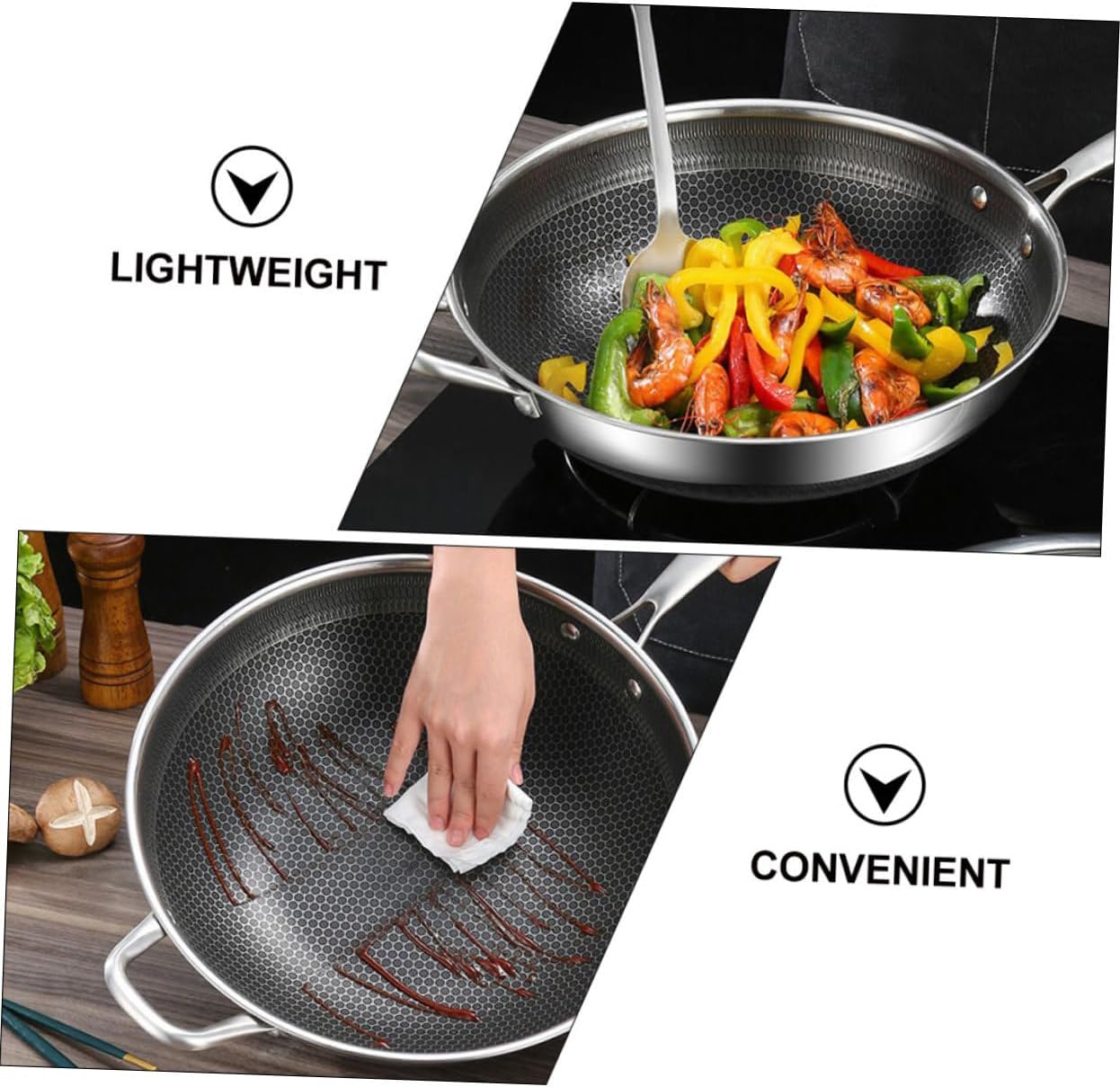 PRETYZOOM Stainless Steel Honeycomb Wok Non-stick Frying Pan for Gas Stove Kitchen Cookware Double Handles for Electric Induction Cooktops