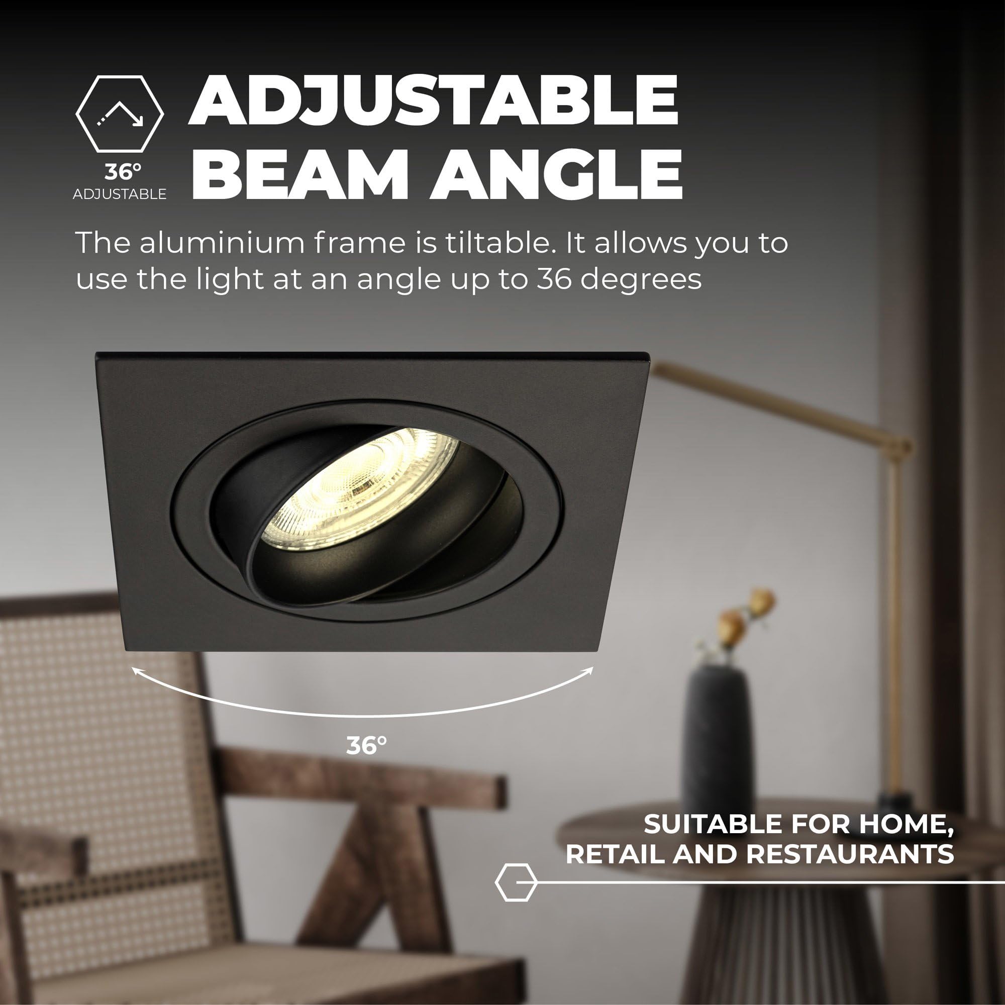 Ledvion - 6x Faretti da incasso LED Siviglia, Nero, 5W, 2700K, Ø92 mm, Dimmerabile, Quadrato, 2 Anni di Garanzia
