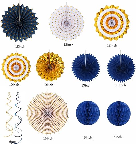 Miniatura 10 de Decoraciones de fiesta de pompones de papel de seda  15 piezas de 5 tamaños azul marino blanco plateado flores de papel plateadas, decoración de