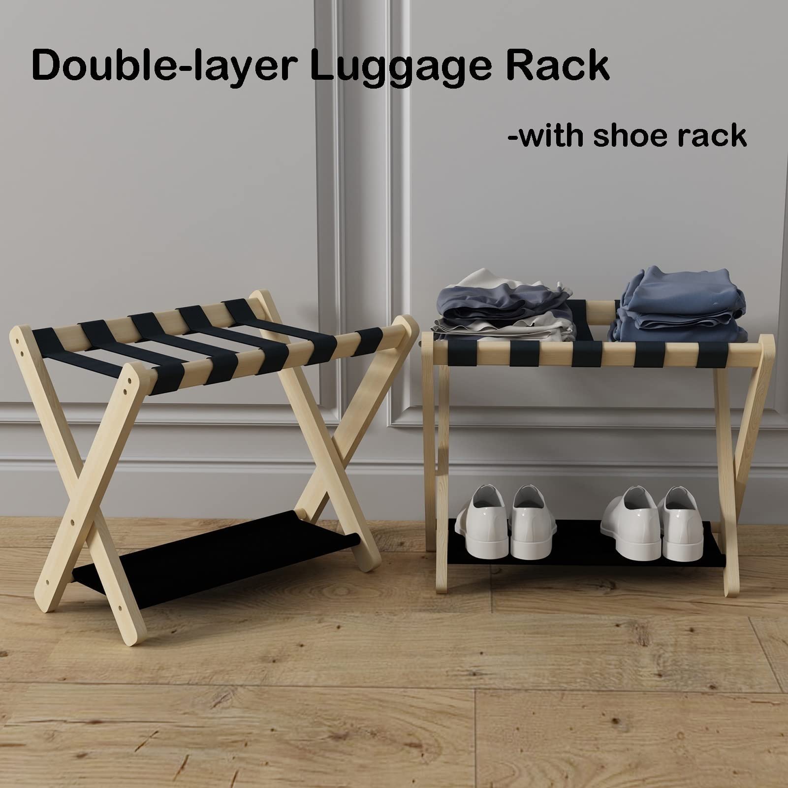 Genérico Organizador de Maletas Plegable con Zapatero - Juego de 2 portaequipajes para habitación de Invitados - Soporte para Maletas de 2 Niveles - Soporte para Maletas de Suelo, 70 x 43 x