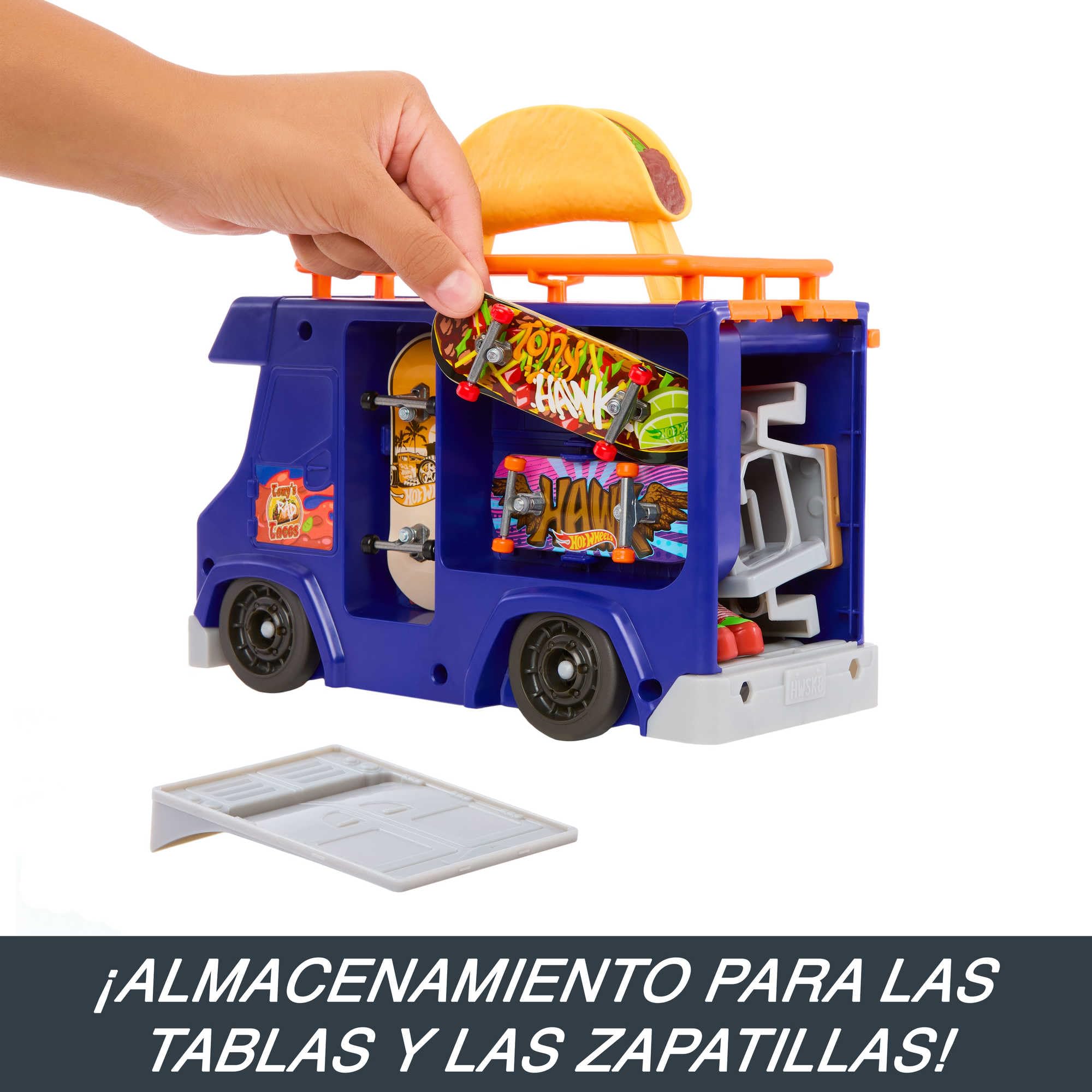 Hot Wheels Skate Camión de Tacos Set de Juego con monopatín de Juguete y Zapatillas para Dedos, +5 años (Mattel HMK00)